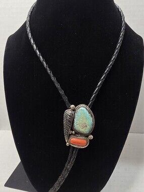 Vintage Native American Signed E&CR Sterling Silver Turquoise & Coral Bolo 36"